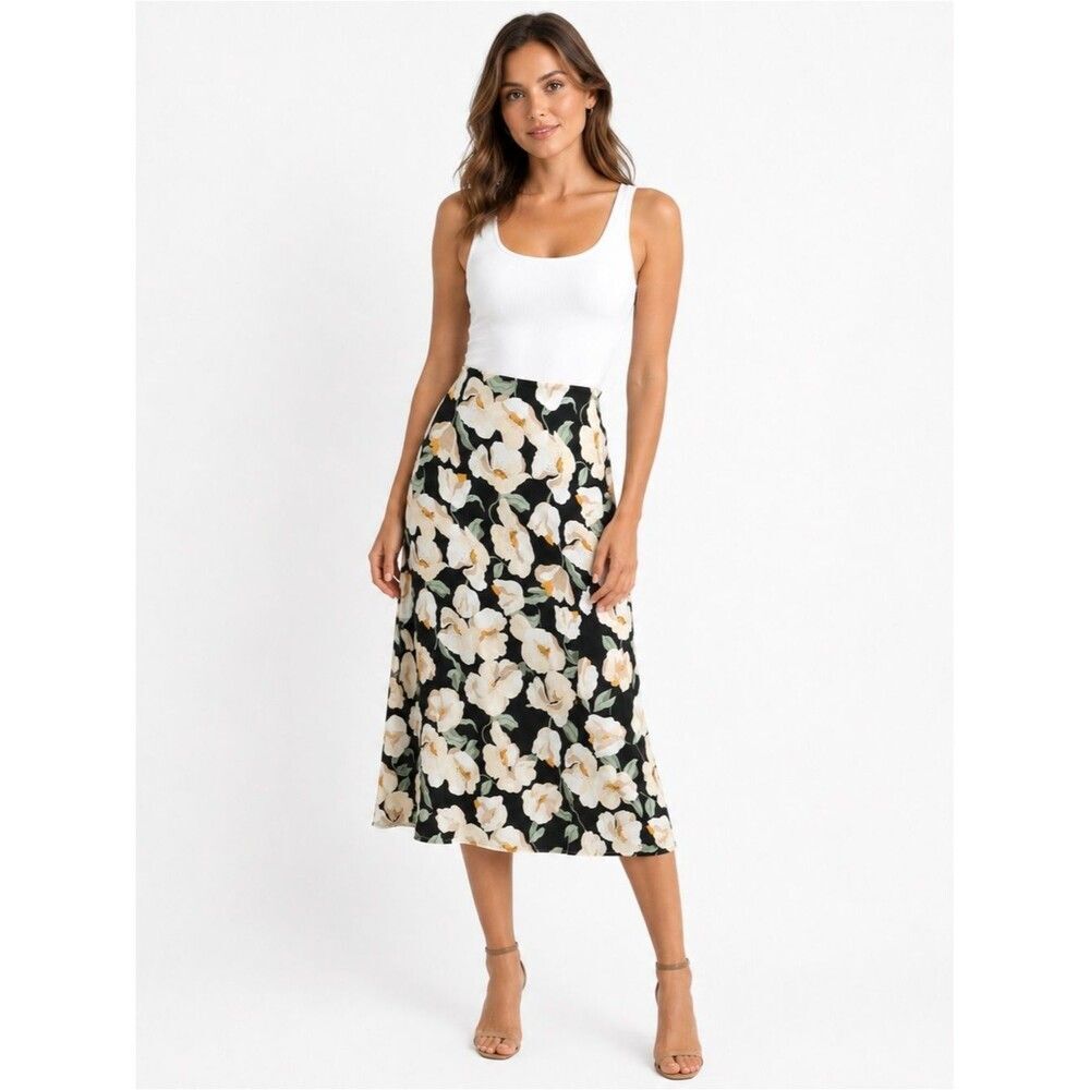 Ann Taylor Factory Floral Linen Blend Midi Skirt Black Ivory Size 14 A-Line